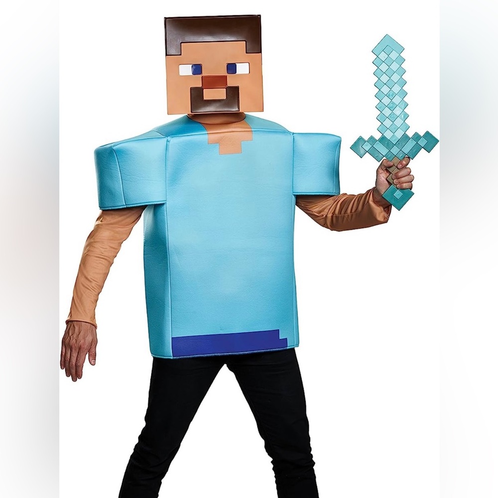 Minecraft Steve Costume - Light Blue Gamer Tunic and Pixel Sword